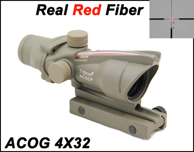 4x32 ACOG Style Optical Tactical Scope W/ Red Fiber Crosshair DE
